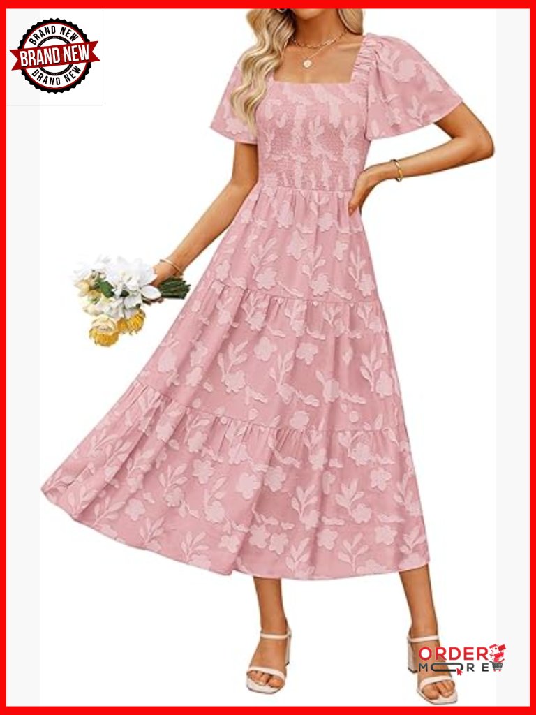 Square Neck Maxi Dress Flowy Summer Boho A-Line Short Sleeve